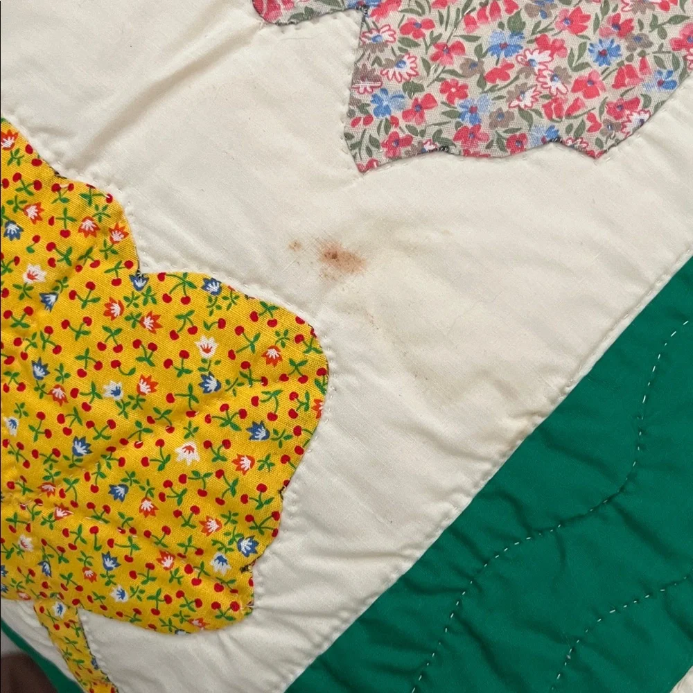 Vintage Colorful Leaf Pattern Quilt needs to be laundered see photos of spots